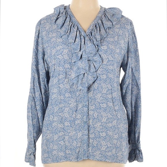 Vintage London Fog Blue Floral Ruffle Top Blouse Long Sleeve Size 14 Large NWT - Picture 1 of 4